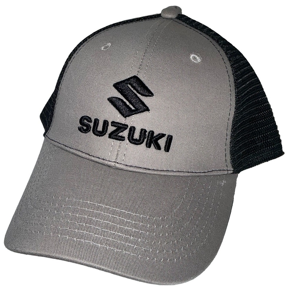 Suzuki Mesh Back Adjustable Gray Black Trucker Hat for Men Motorcycle Theme